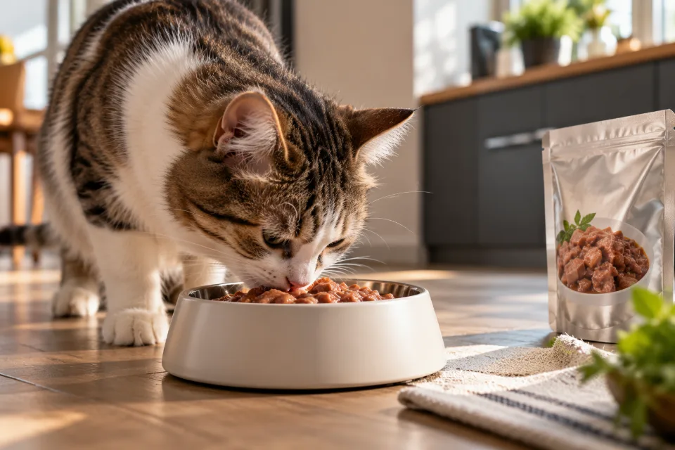 Wet food in pouches, pet food recipe development, pet food, pouch food, dog food, cat food, canned pet food, canned dog food, pet food recipe
