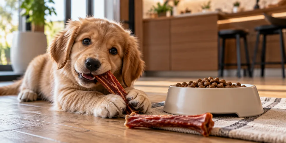 Dry meat treats for dogs in various shapes: sticks, strips and cubes, pet food